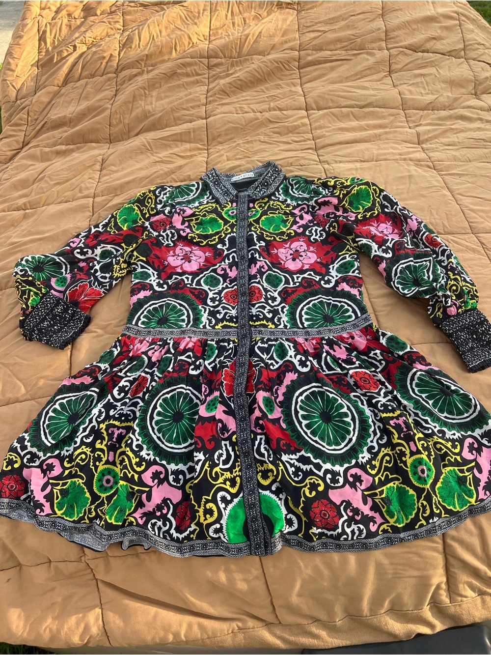 Alice + Olivia Bertha Blouson Long Sleeve Drop Waist Dress Pink/Green/Black - Picture 1 of 7